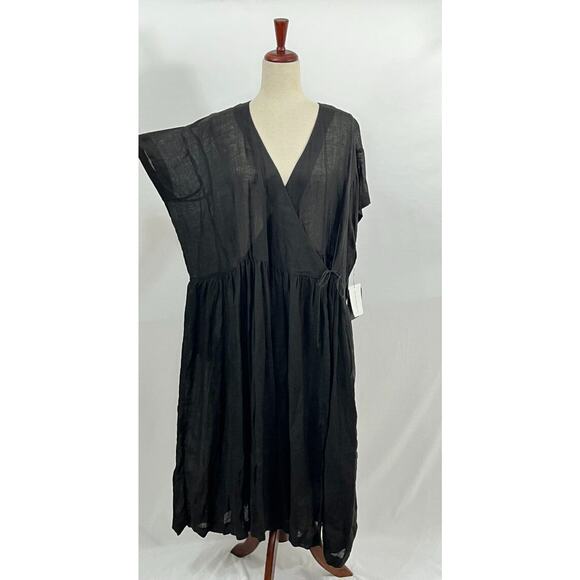 ARTS & SCIENCE Sz 1 Black Linen Oversize Ethnic Gathered Wrap Dress NWT Japan - Picture 9 of 12